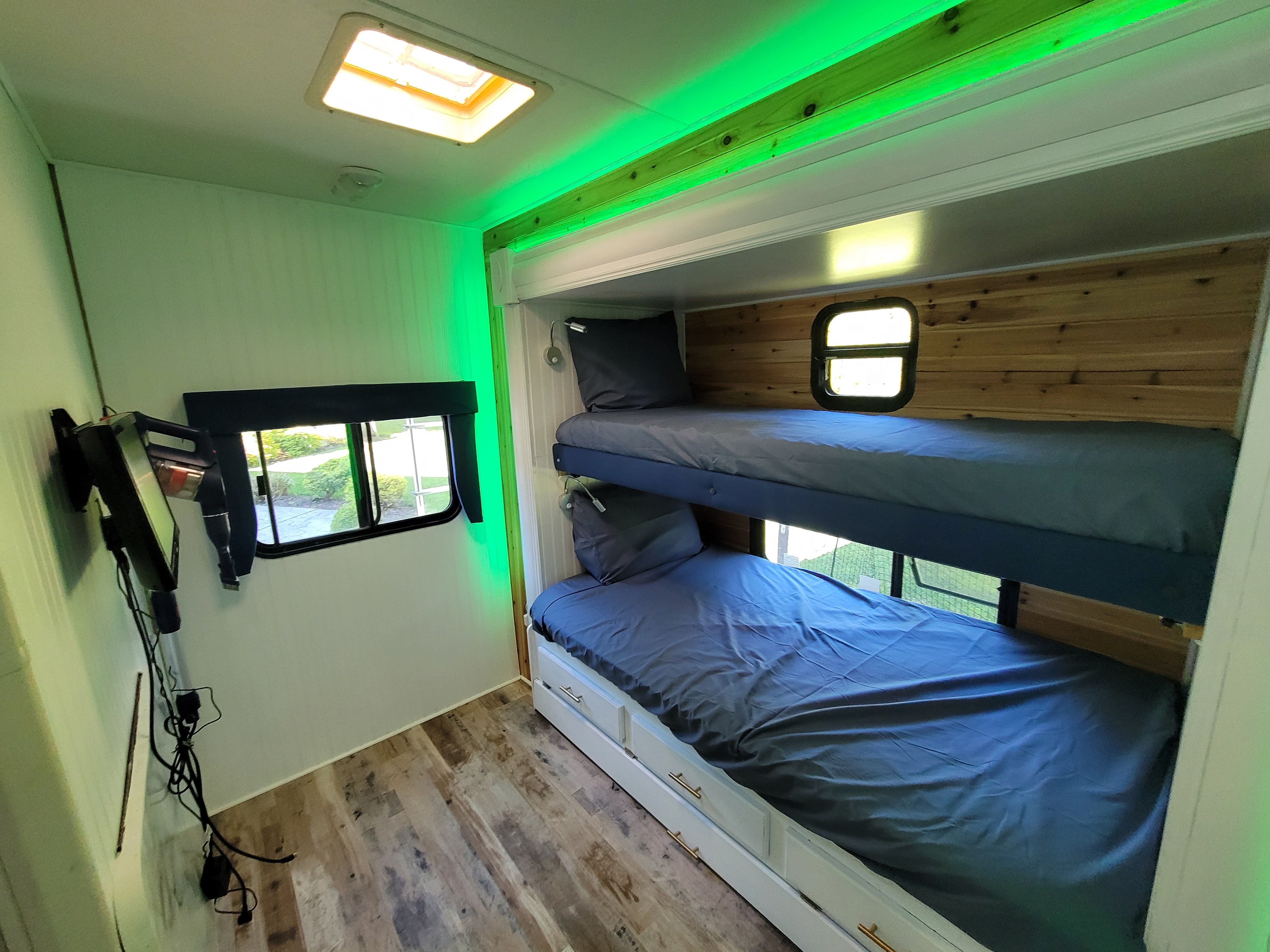 RV bedroom with custom bunk beds